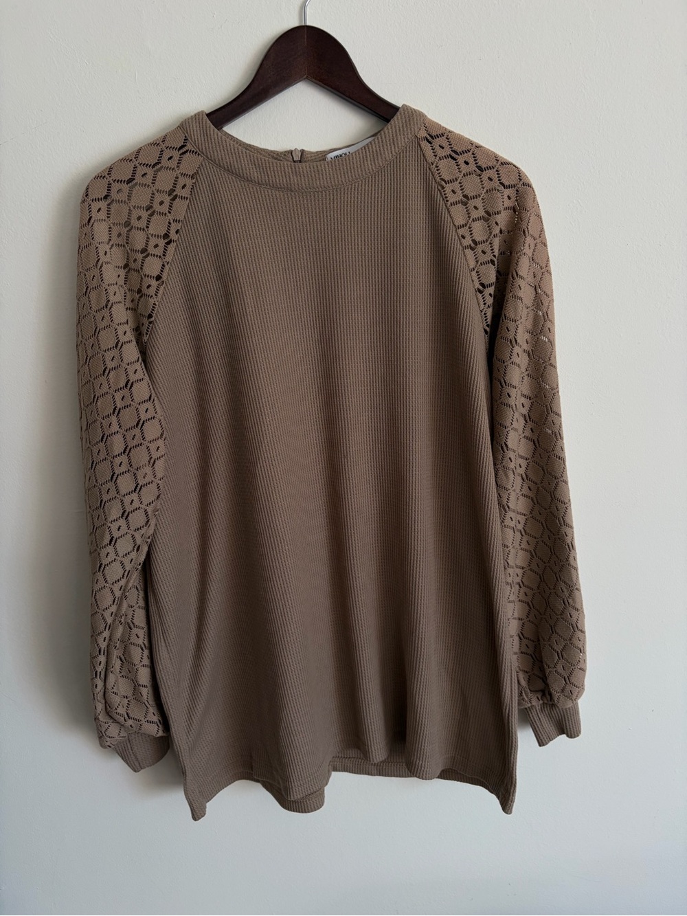 Women's Crochet-Lacy Sleeve Waffle Knit Blouse - Taupe